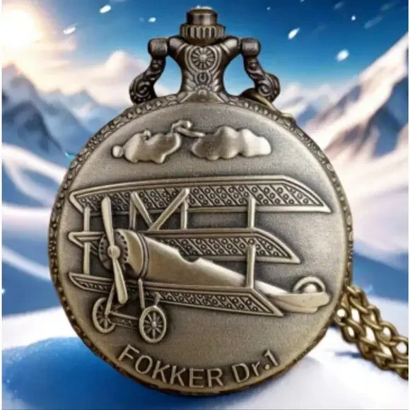Fokker Dr.1 Airplane Pocket Watch Gold Christmas Birthday Men's Vtg Gift NEW